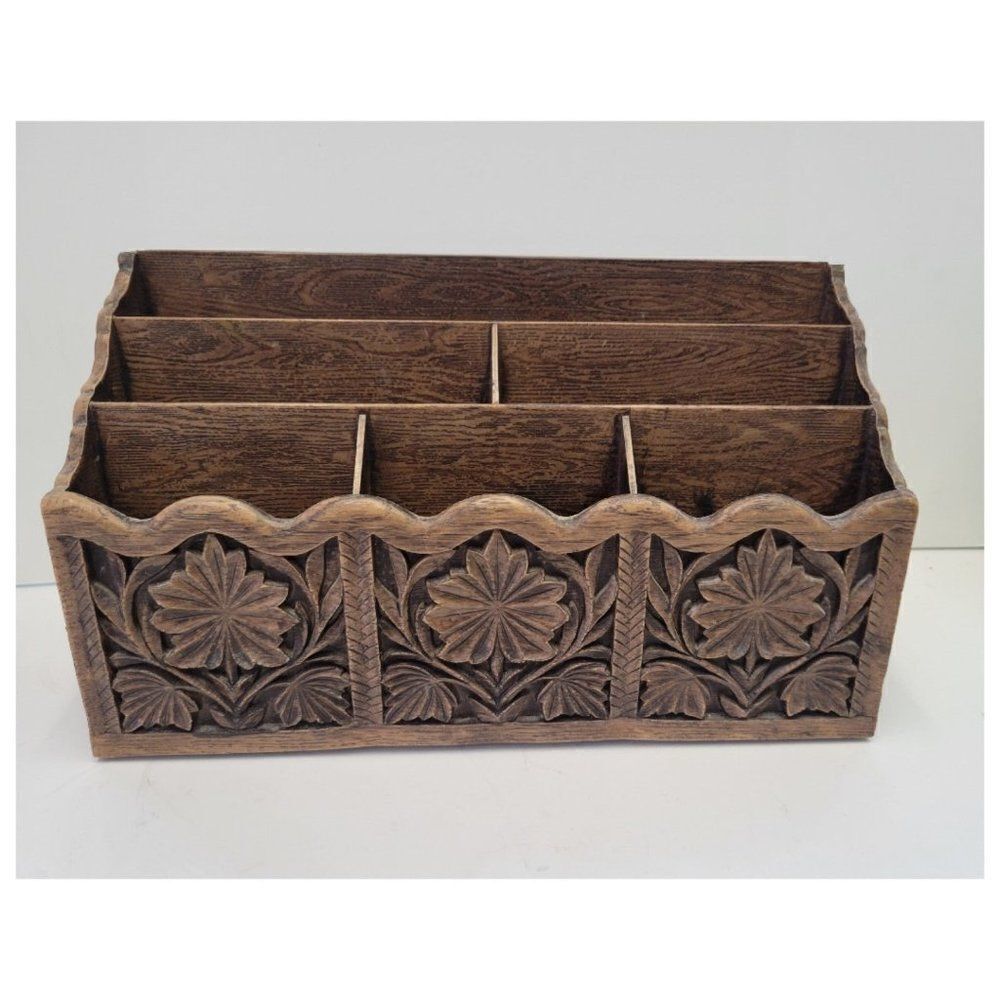 Vintage 1960's Carved Faux Wood Letter Desk Organizer